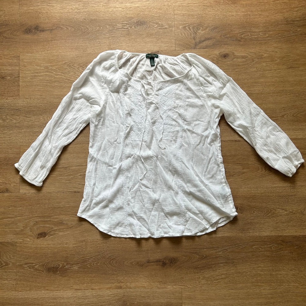 Lauren Ralph Lauren White Cotton Gauze Embroidered Peasant Blouse Top Medium